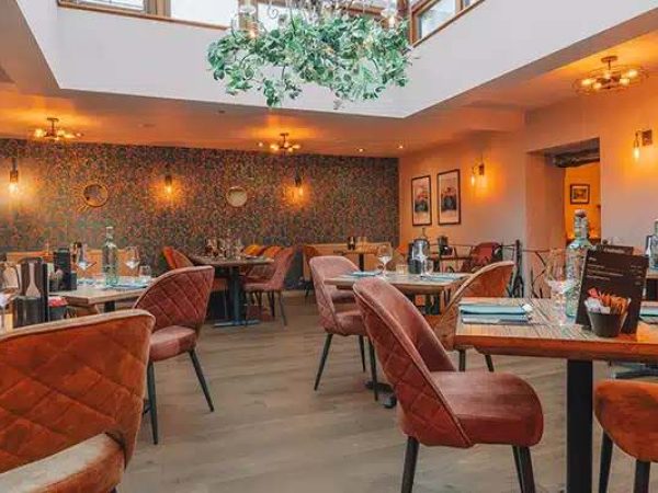 Restaurant dining area with skylight